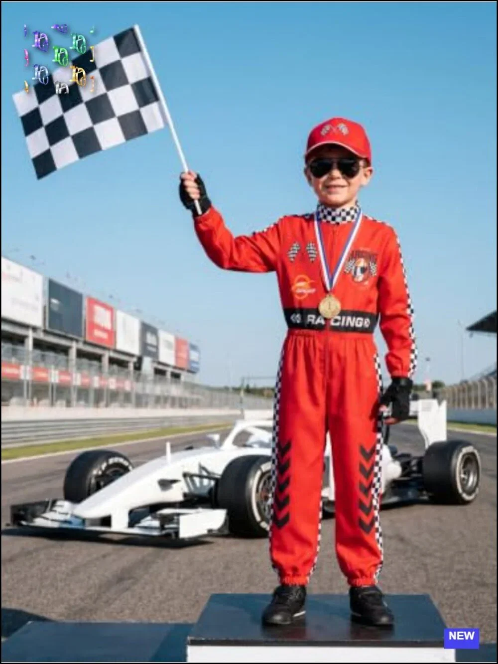 Kids Race Car Driver Costume Jumpsuit Set with Cap, Sunglasses, Gloves, Trophy